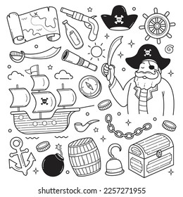 Juego de Pirates Doodle objetos dibujados a mano ilustración vectorial