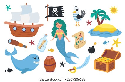 Grupo de piratas. Bandera, gaviota, barco, pecho, isla, sirena, pipa. Ilustración del vector