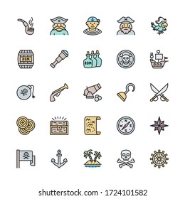 Set of Pirates Flat Color Line Icons. Sailor, Boatswain, Captain, Ship and more.