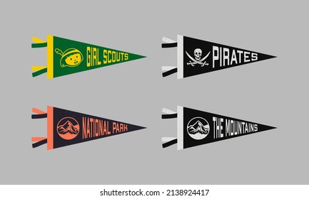 Set of pirates, girl scouts, camping pennants. Retro colors labels. Vintage hand drawn wanderlust style. Isolated on white background. Good for t shirt, mug, other identity. Vector illustration..