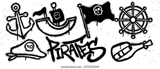 Setze Piraten Graffiti Spray Farbe. Sammlung von Anker, Piratenschiff, Flagge, Ruder-Abenteuerflasche, Piratenhut Isolated Vektorgrafik