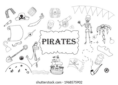 Un conjunto de piratas. Ilustraciones para las partes. Para imprimir. Fiesta de cumpleaños para niños. Doodle.