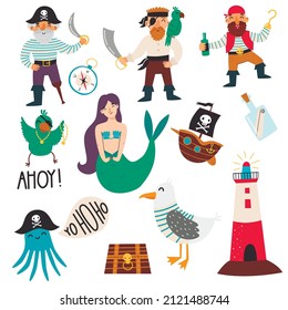 Set of pirates, mermaid, sailling ship, treasure chest, lighthouse, octupus, parrot and seagull. Vector childish illustration