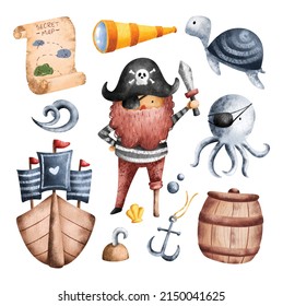 Juego de Piratas e Ilustración de Acuarela Oceánica 