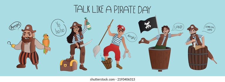 Set of pirates on light blue background. Talk Like a Pirate Day