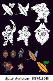 set of pirates with palm tree and shark logo surfing pattern in vector