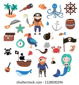 Set of Pirates vector cartoon objects. Adventures and Pirate party for Kindergarten. Children Adventure, treasure, pirates, octopus, whale, ship - Kids drawing vector cartoon objects about Pirates and