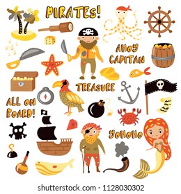 Set of Pirates vector cartoon objects. Adventures and Pirate party for Kindergarten. Children Adventure, treasure, pirates, octopus, whale, ship - Kids drawing vector cartoon objects about Pirates and