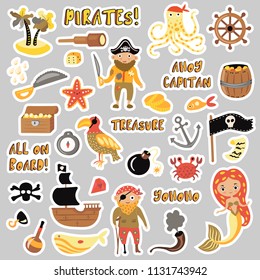 Set Of Pirates Vector Cartoon Stickers. Adventures And Pirate Party Sticker For Kindergarten. Children Adventure, Treasure, Pirates, Octopus, Whale, Ship - Kids Drawing Vector Cartoon Stickers About