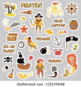 Set of Pirates vector cartoon stickers. Adventures and Pirate party sticker for Kindergarten. Children Adventure, treasure, pirates, octopus, whale, ship - Kids drawing vector cartoon stickers about