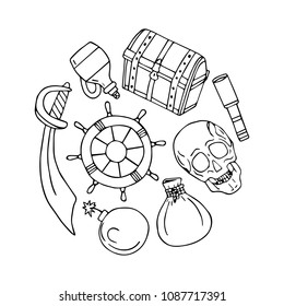 Set of pirates vector illustration. Chest, skull, sword, bomb, money bag, bottle of rum, steering wheel. Doodle style. Design objects. Poster. Banner. Logo. Icon. Holiday.