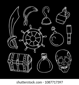 Set of pirates vector illustration. Chest, skull, sword, bomb, money bag, bottle of rum, steering wheel. Doodle style. Design objects. Poster. Banner. Logo. Icon. Holiday.