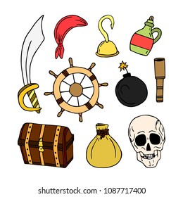 Set of pirates vector illustration. Chest, skull, sword, bomb, money bag, bottle of rum, steering wheel. Doodle style. Design objects. Poster. Banner. Logo. Icon. Holiday.