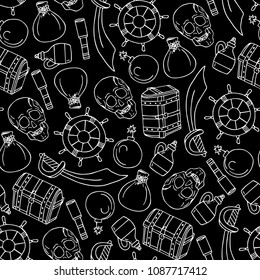 Set of pirates vector illustration. Chest, skull, sword, bomb, money bag, bottle of rum, steering wheel. Doodle style. Design objects. Poster. Banner. Logo. Icon. Holiday.
