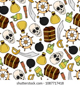 Set of pirates vector illustration. Chest, skull, sword, bomb, money bag, bottle of rum, steering wheel. Doodle style. Design objects. Poster. Banner. Logo. Icon. Holiday.