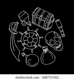 Set of pirates vector illustration. Chest, skull, sword, bomb, money bag, bottle of rum, steering wheel. Doodle style. Design objects. Poster. Banner. Logo. Icon. Holiday.