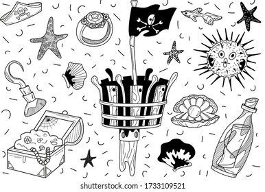 a set of pirate-themed images, an observation tower, treasures, fish, and shells. hook, starfish and bottle with a message