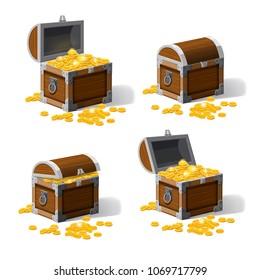 Set piratic trunk chests with gold coins treasures. . Vector illustration. Catyoon style, isolated
