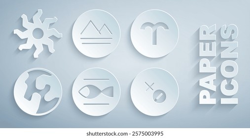 Set Pisces zodiac, Aries, Earth globe, Venus symbol, element and Sun icon. Vector