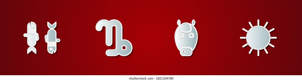 Set Pisces zodiac, Capricorn, Horse and Sun icon. Vector.