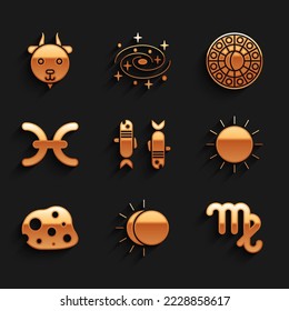 Set Pisces zodiac, Eclipse of the sun, Virgo, Sun, Asteroid, Astrology horoscope circle and Aries icon. Vector