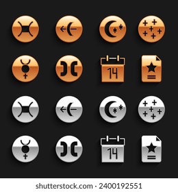 Set Pisces zodiac, Full moon, Star constellation, Calendar, Symbol Mercury, Moon and stars, Gemini and Sagittarius icon. Vector