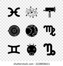Set Pisces zodiac, Milky way spiral galaxy, Telescope, Gemini, Ox, Capricorn, Solar system and Planet Mercury icon. Vector