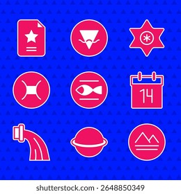 Set Pisces zodiac, Planet Saturn, Earth element, Calendar, Aquarius, Gemini, Falling star and Star constellation icon. Vector