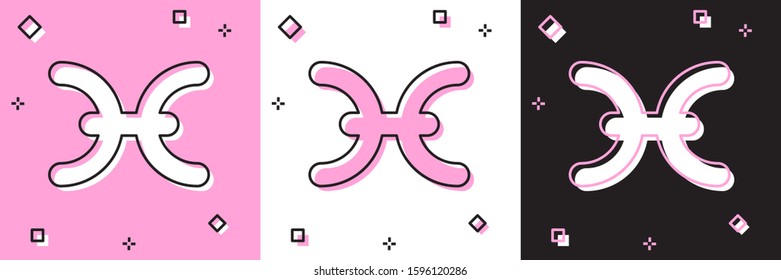 Set Pisces zodiac sign icon isolated on pink and white, black background. Astrological horoscope collection.  Vector Illustration