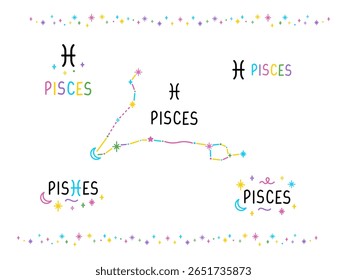 Conjunto de cantos zodíaco Peixes. Constelações coloridas de desenhos animados e letras cantam. Tatuagem de talismã de caneta de feltro desenhado à mão, logotipo, adesivo. Elemento isolado.