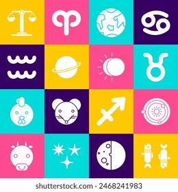 Set Pisces zodiac, Solar system, Taurus, Planet Earth, Saturn, Aquarius, Libra and Eclipse of the sun icon. Vector