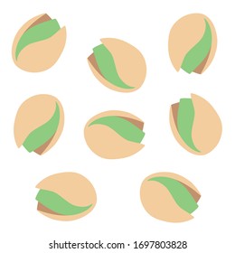 Set of pistachio nuts, flat style vector illustration isolated on white background.