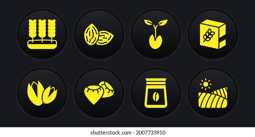 Set Pistachio nuts, Flour pack, Seed, Bag of coffee beans, Sprout, Agriculture wheat field and Wheat icon. Vector