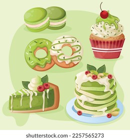 Set with pistachio sweets: donuts, green macarons, green cupcake with cream, syrup and cherry, a piece of cake with cream and berries, pancakes with cashews, pistachios and syrup