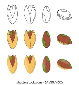 Set of pistachio in three styles - outline, flat, cartoon.  nut icons for design and web isolated on white background.
