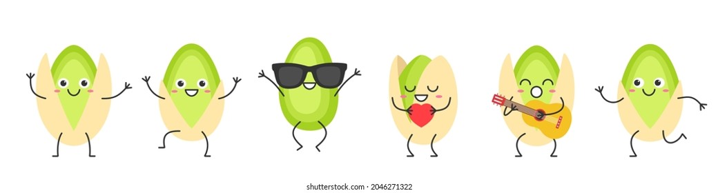 Set pistachios character cartoon nut emotions joy happiness smiling face jumping running sings icon beautiful vector illustration.