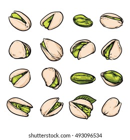 Set of Pistachios, Hazelnuts, Pistachios. Hand drawn sketch Pistachios vector illustration on white background. vintage style collection.