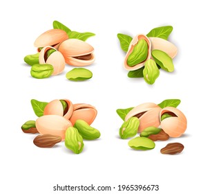 Set of pistachios nut compositions, different statements. Good for labels and stickers, packaging design. Vector illustration in cartoon style, groups of objects, isolated on white