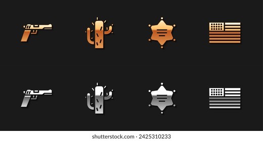 Set Pistol or gun, Cactus, Hexagram sheriff and American flag icon. Vector