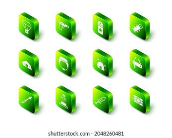 Set Pistol or gun, Chevron, Rocket, Swiss army knife, Dynamite and timer clock, Bomb explosion, Sword and Soldier grave icon. Vector