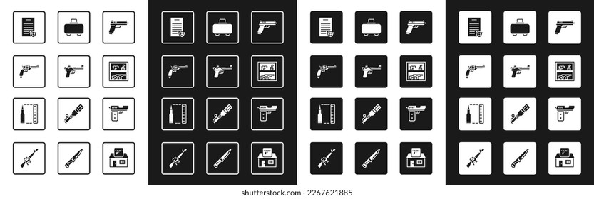 Establece Pistol o pistola, águila del desierto, Revolver, certificado de licencia de armas de fuego, arma de cacería, estuche de arma e icono de bala. Vector