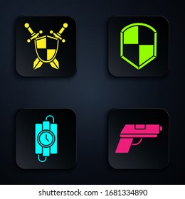 Set Pistol or gun, Medieval shield with crossed swords, dynamite stick and timer clock and Shield. Black square button. Vector