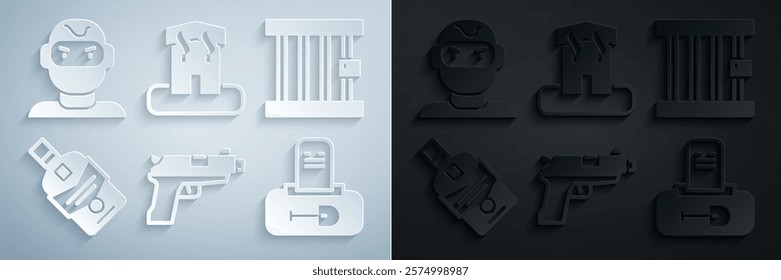 Set Pistol or gun, Prison window, Whiskey bottle, Grave with tombstone, Arson home and Thief mask icon. Vector
