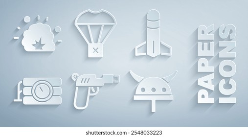 Definir Pistola ou arma, Foguete, Dinamite e relógio temporizador, Viking em capacete com chifres, Caixa voando em paraquedas e ícone de explosão de bomba. Vetor