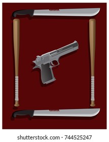 Set of pistols, baseball bats and machetes. A set of weapons. Steel arms. Firearms.