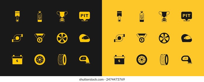 Set Pit stop, Alloy wheel for car, Car tire, Medal, Award cup, Engine piston and Nitrous oxide icon. Vector