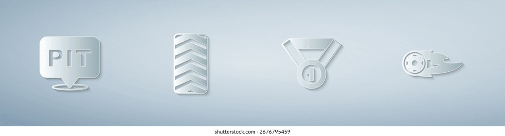 Set Pit stop, Car tire wheel, Medal and Wheel in fire flame. Paper art style. Vector