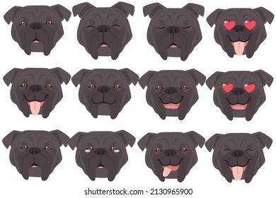 Set of Pitbull dog emotions. Funny Smiling and angry, sad and delight dog. Face of dog cartoon emoji. Illustration about kawaii animal and pet in flat vector style.