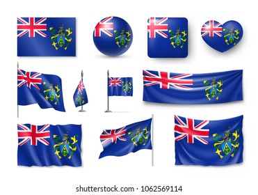 Set Pitcairn Islands realistic flags, banners, banners, symbols, icon. Vector illustration of collection of national symbols on various objects and state signs