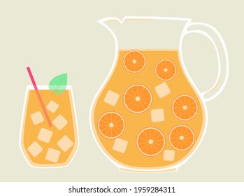 Set of pitcher and glass with fitness healthy citrus orange juice lemonade  and slice of orange
